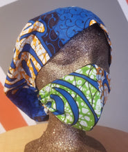 Load image into Gallery viewer, 'Blue Power' African Print Surgical Cap & Mask Set