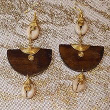 Load image into Gallery viewer, Kenyan Bone 'Batik Honey' & Cowry Earrings