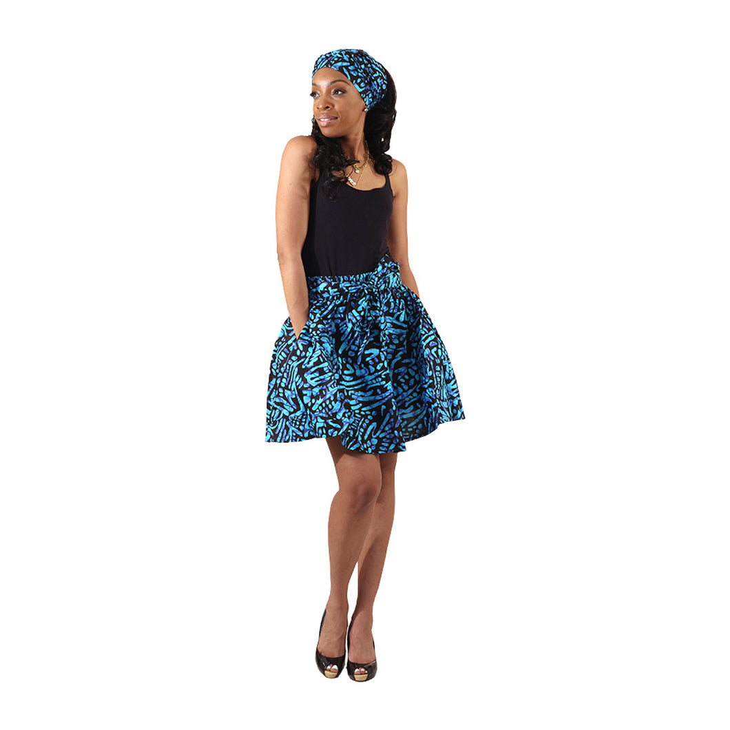 African Print 'Blue Graffiti' Short Skirt