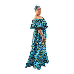 Ankara Print Ruffle Maxi Dress - Caribbean Blue
