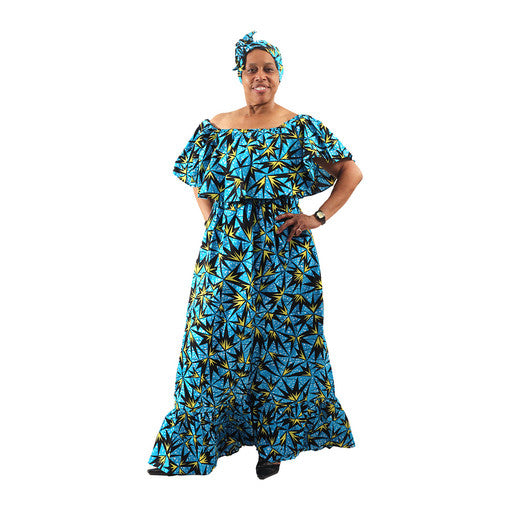 Ankara Print Ruffle Maxi Dress - Caribbean Blue