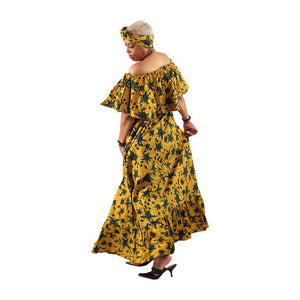 Ankara Print Ruffle Maxi Dress - Earth Brown