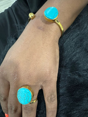 Turquoise & Brass Ring and Bracelet Set