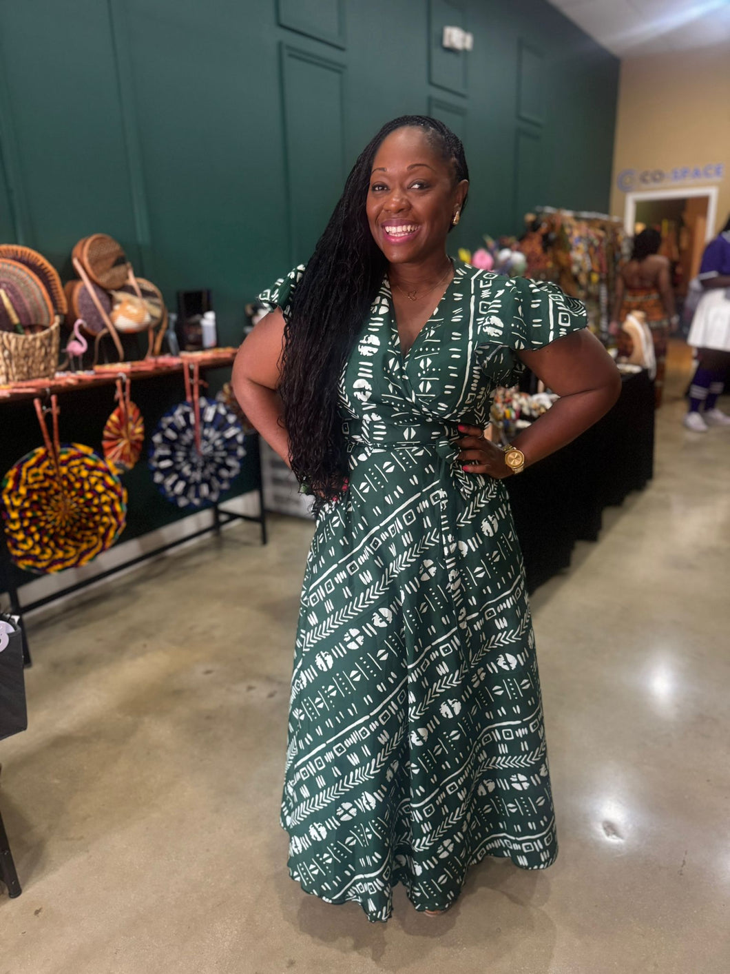 Green Tribal Print Wrap Dress