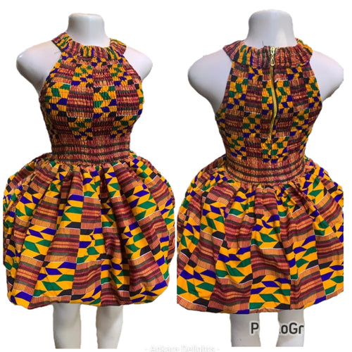 Kente Print Halter Puff Dress