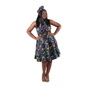 African Print Halter Dress - Neon Lights