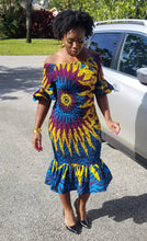 Load image into Gallery viewer, Elastic &#39;Blue Palm&#39; Flare Dress
