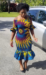 Elastic 'Blue Palm' Flare Dress