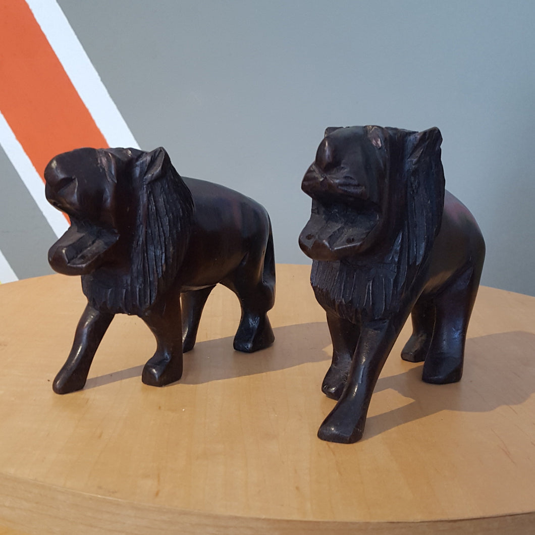 Hand-Carved Wooden Lion Set (2)