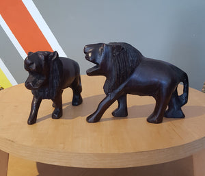 Hand-Carved Wooden Lion Set (2)