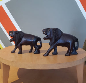 Hand-Carved Wooden Lion Set (2)
