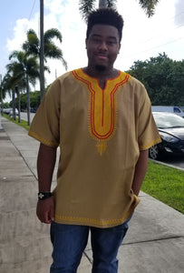 Men's Embroidered Dashiki Top - Caramel