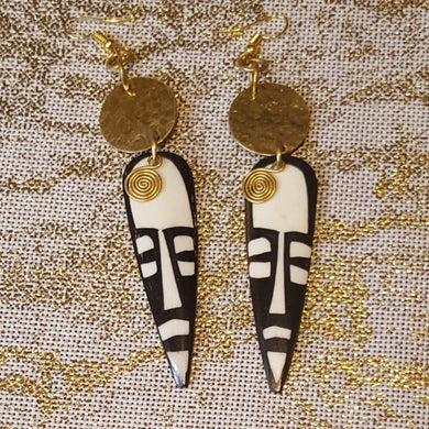 African Mask Batik Gold Bone Earrings