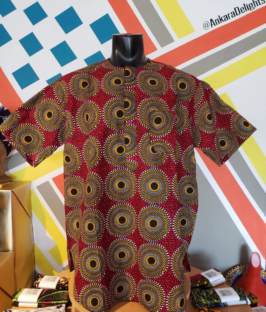 Ankara Delights Men's Red Circle Print Top