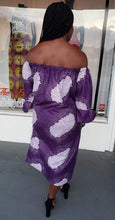 Load image into Gallery viewer, Off Shoulder Purple Snow Ankara Shift Dress
