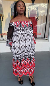 Off Shoulder Red Abstract Ankara Shift Dress