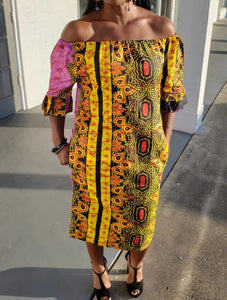 Off Shoulder Double Batik Print Shift Dress