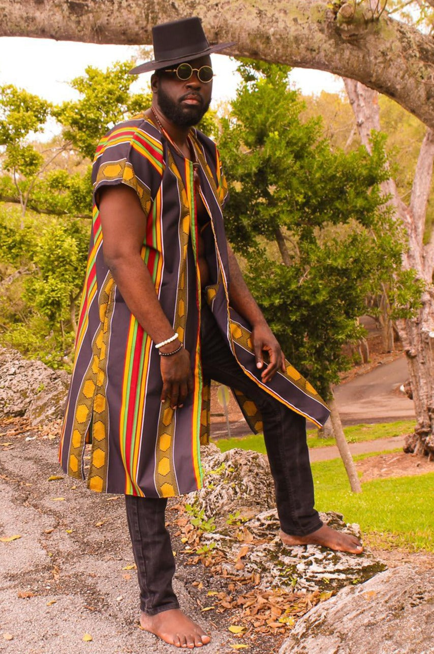 Unisex Black Kente Print Open Kaftan