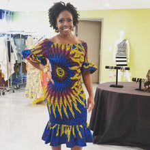 Load image into Gallery viewer, Elastic &#39;Blue Palm&#39; Flare Dress