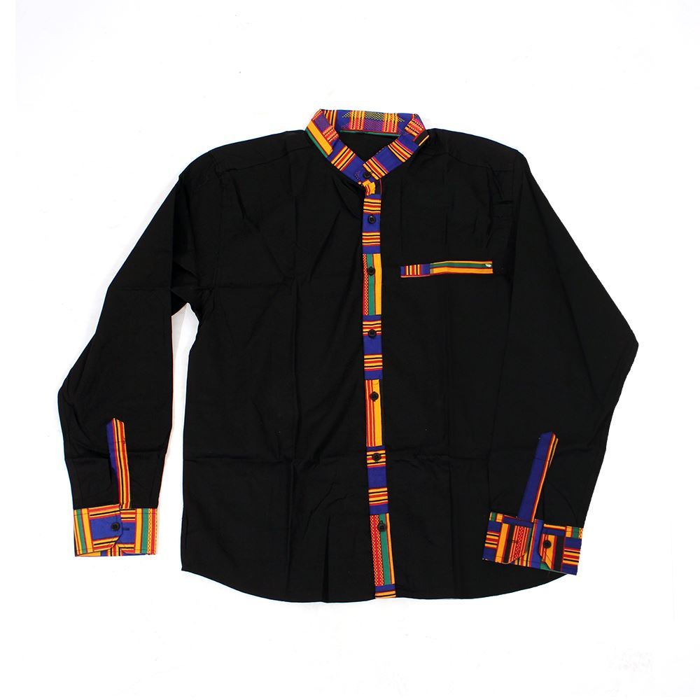 kente dress shirt Adebola Mens Short Sleeve Button-up Shirt (African Asymmetrical Print  Traditional Shirt) in Black