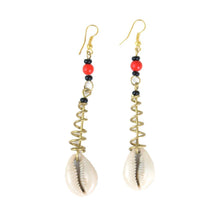 Load image into Gallery viewer, Cowry Shell Brass Spiral Earrings
