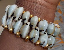 Load image into Gallery viewer, Double Cowry Shell &amp; Gold Bead Bracelet