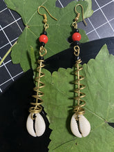 Load image into Gallery viewer, Cowry Shell Brass Spiral Earrings