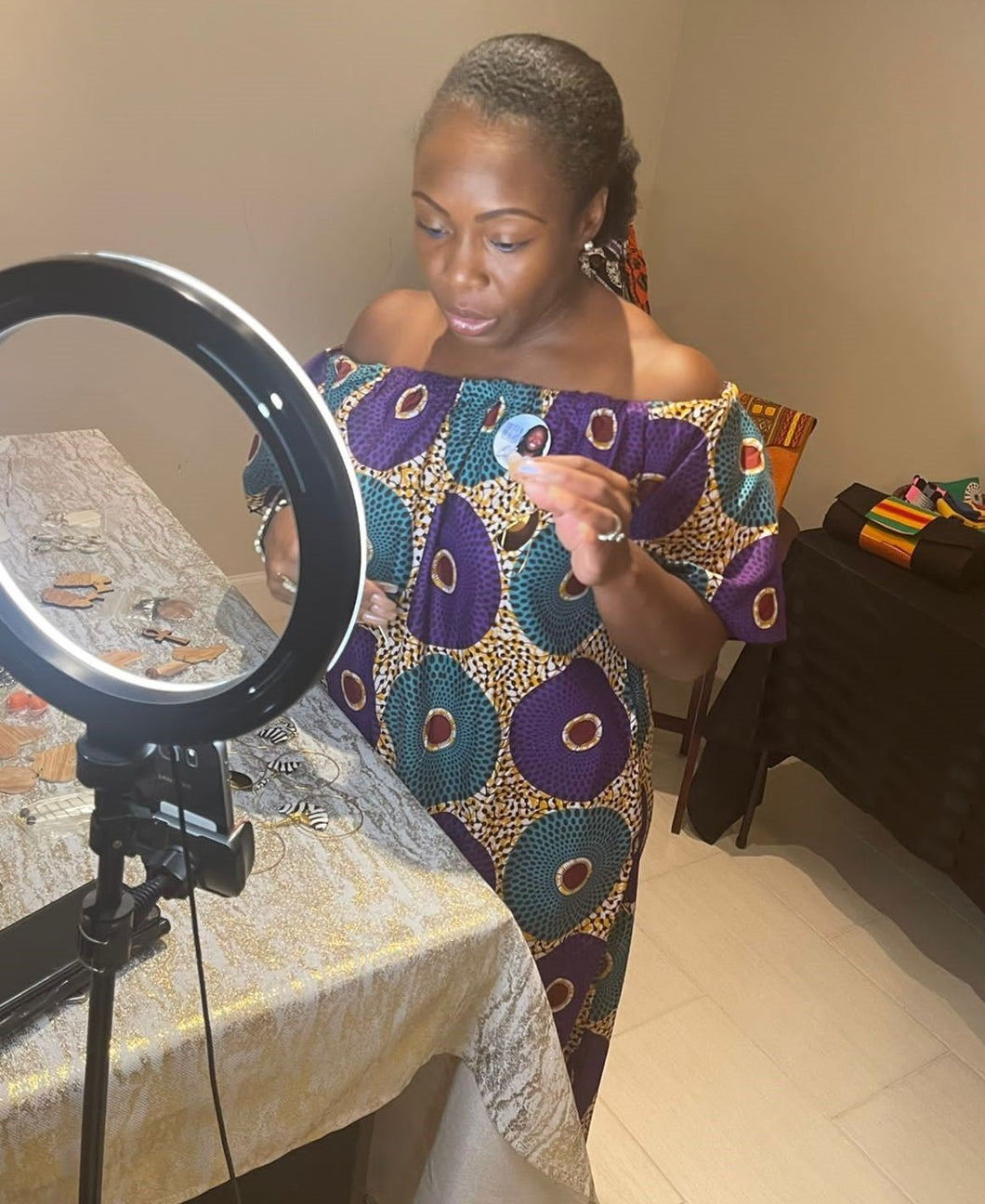 Off Shoulder Ankara Circle Print Shift Dress
