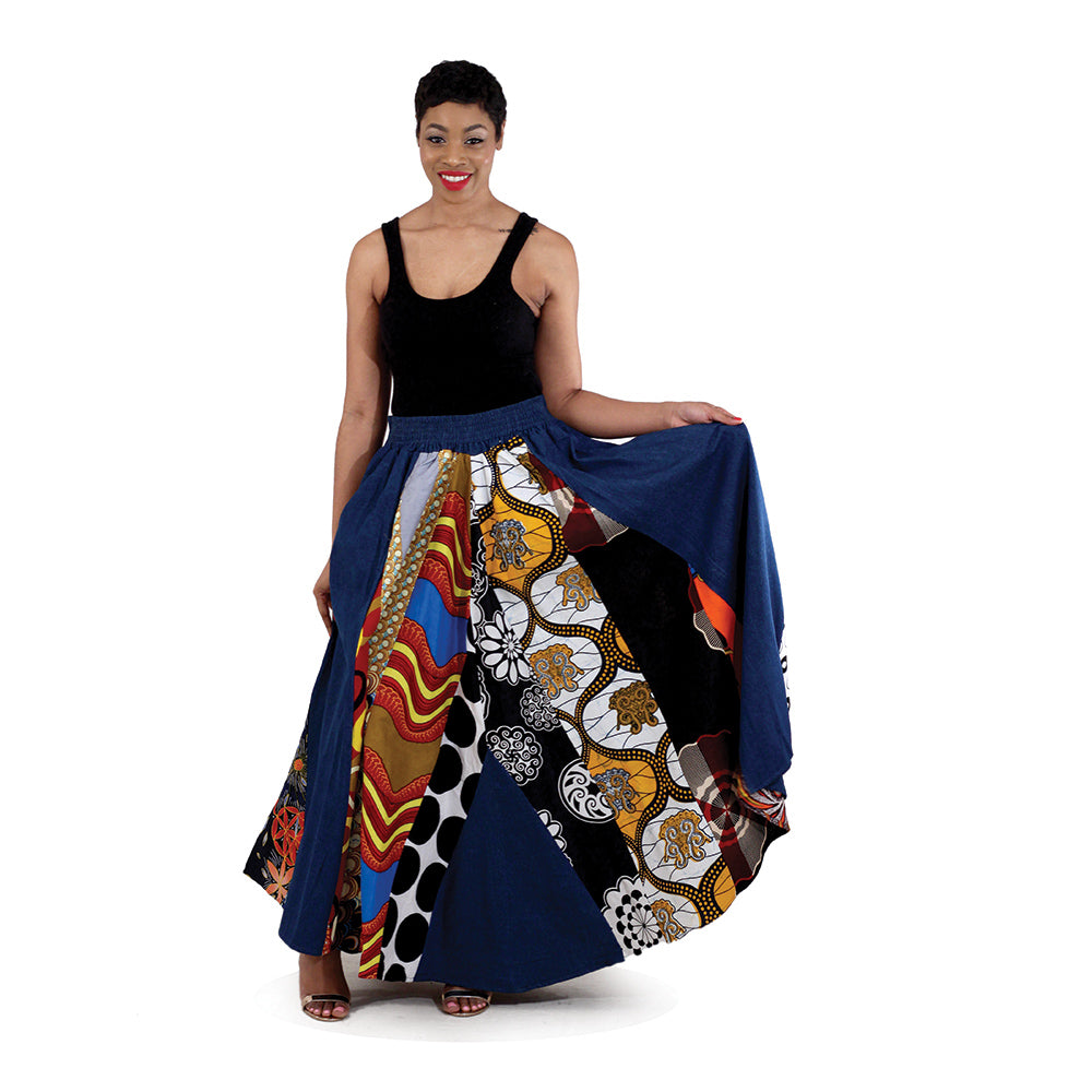 Jeans skirt with ankara patches top