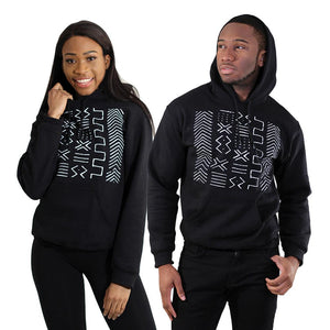 Unisex Mud Cloth Print Hoodie - Black