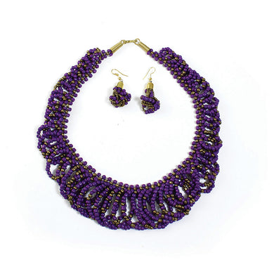 Purple & Gold Kenyan Beaded Necklace Set