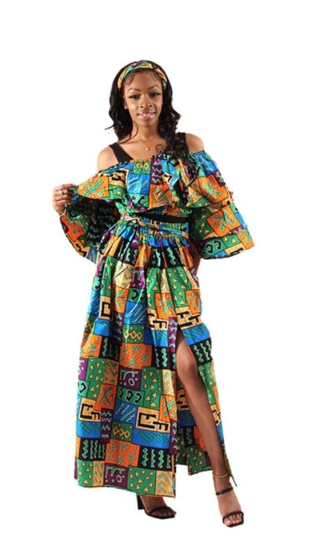 3pc African Print Ruffle Crop Top & Skirt Set
