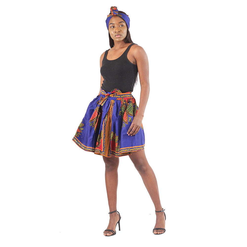 Ankara Mini Skirt - Blue Leaves